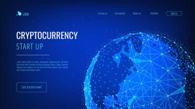 Blockchain teknolojisi ile dünya dünya futuristik hud banner.