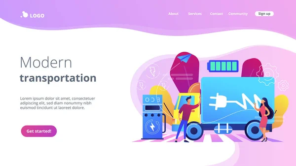 Conceito de caminhões elétricos landing page . — Vetor de Stock
