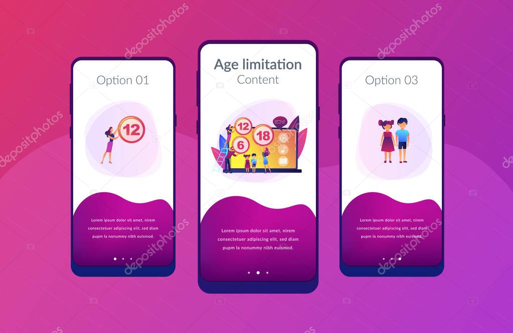 Adults rating content for children with age restriction signs. Content rating system, age limitation content, censorship classification concept. Mobile UI UX GUI template, app interface wireframe