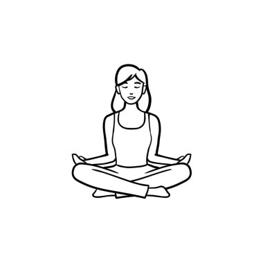 Yoga lotus poz el çizilmiş anahat doodle simgesi kadında.