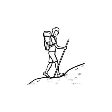 Turist backpacker el çizilmiş anahat doodle simgesi tırmanma.