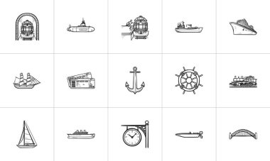 Taşıma/iş arabaları elle çizilmiş anahat doodle Icon set.