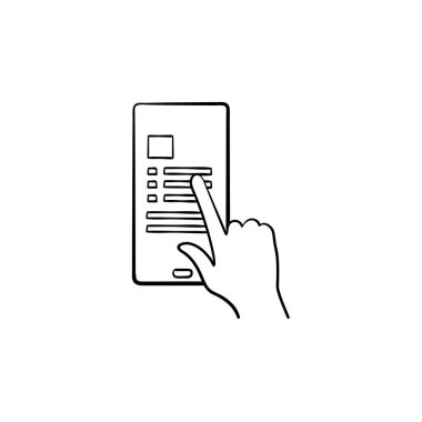 Sürgülü smartphone liste el çizilmiş anahat doodle simgesi ile el.