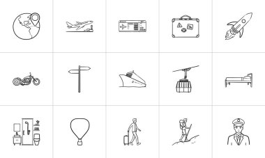Seyahat ve ulaşım çizilmiş anahat doodle Icon set el.