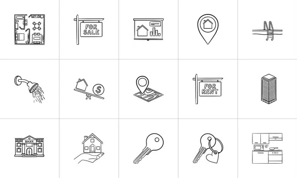 Immobilier dessin à la main contour doodle icône ensemble . — Image vectorielle