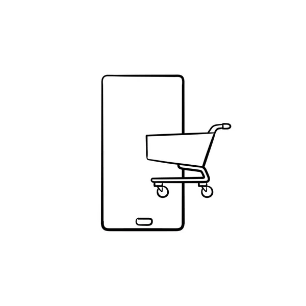 Shopping su smart phone disegnato a mano contorno icona scarabocchio . — Vettoriale Stock