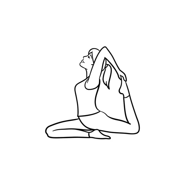 Femme en yoga roi pigeon pose dessiné à la main contour icône doodle — Image vectorielle