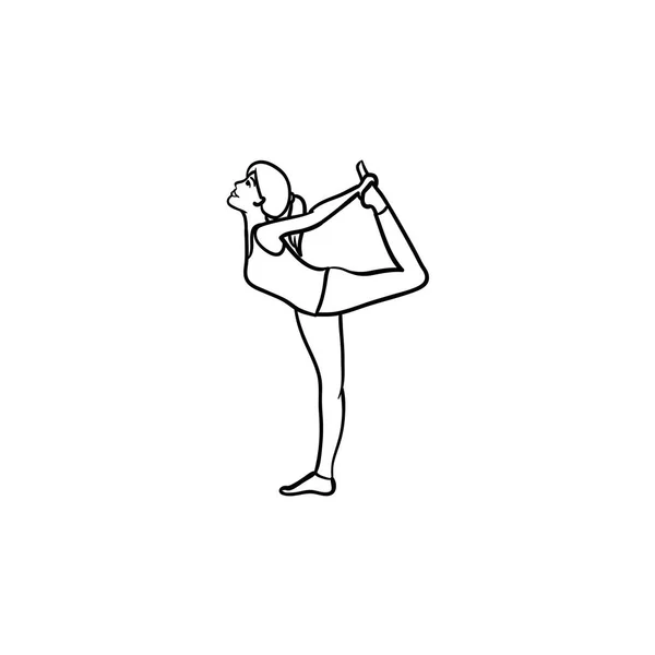 Mujer estirando en yoga pose dibujado a mano esbozo garabato icono . — Vector de stock