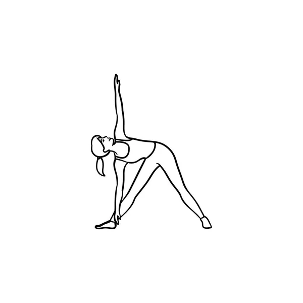 Donna in yoga triangolo posa disegnato a mano contorno icona scarabocchio . — Vettoriale Stock