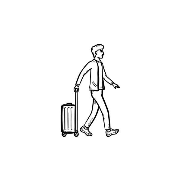 Voyageur d'affaires marchant avec une valise dessinée à la main contour doodle icône . — Image vectorielle