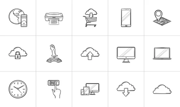 Cloud-Technologie und mobile Geräte handgezeichnete Umrisse Doodle-Icon-Set. — Stockvektor