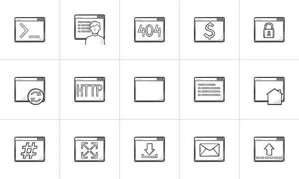 Browservensters hand getrokken schets doodle icon set. — Stockvector