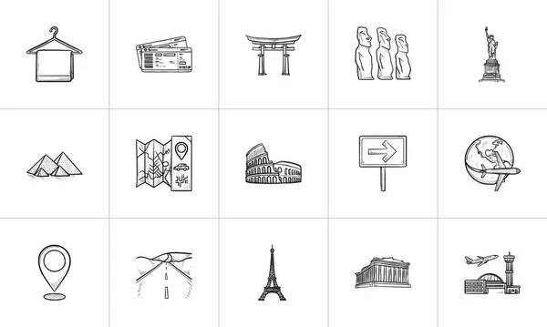 Seyahat yerler elle çizilmiş anahat doodle Icon set. — Stok Vektör