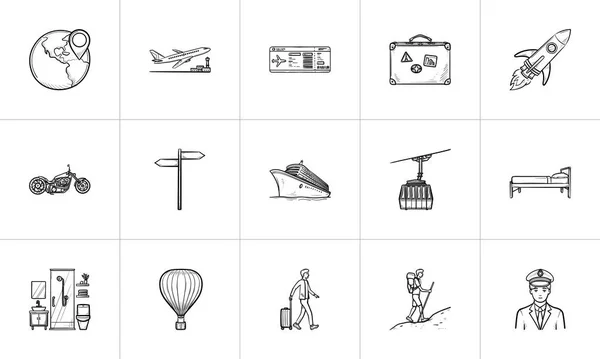 Handgezeichnetes Doodle-Icon-Set für Reise und Transport. — Stockvektor