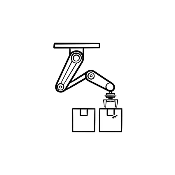 Ρομποτικό βραχίονα picking κουτί από χαρτόνι χέρι συρμένο διάρθρωσης doodle εικονίδιο. — Διανυσματικό Αρχείο