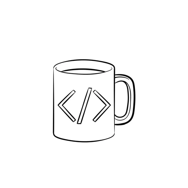 咖啡杯与代码符号手绘轮廓涂鸦图标. — 图库矢量图片