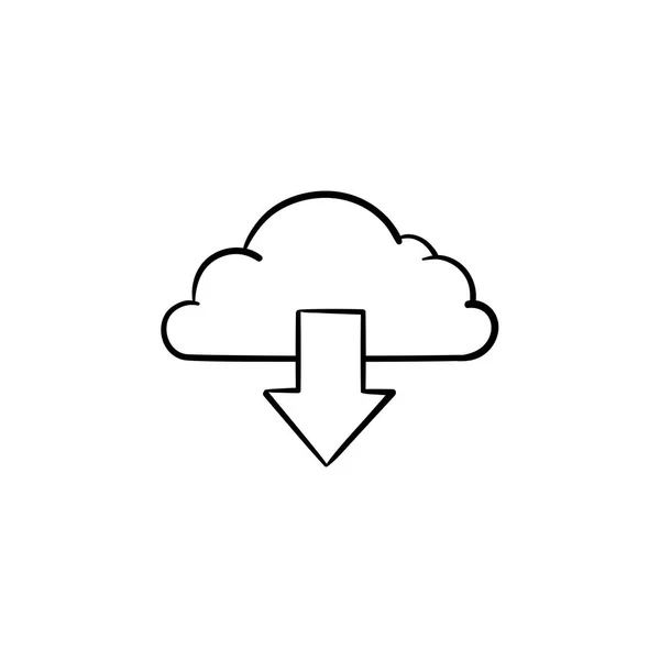 Nube con flecha hacia abajo dibujado a mano esbozo garabato icono . — Vector de stock
