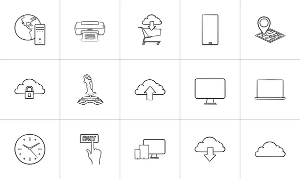 Tecnologia cloud e dispositivi mobili disegnati a mano schema doodle icon set . — Vettoriale Stock