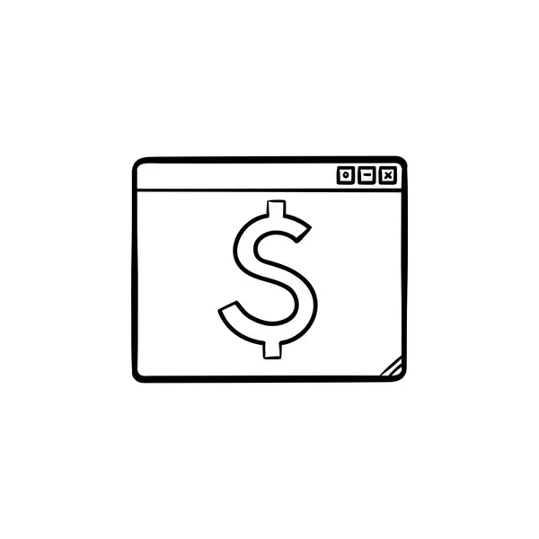 Browservenster met dollarteken hand getrokken schets doodle pictogram. — Stockvector