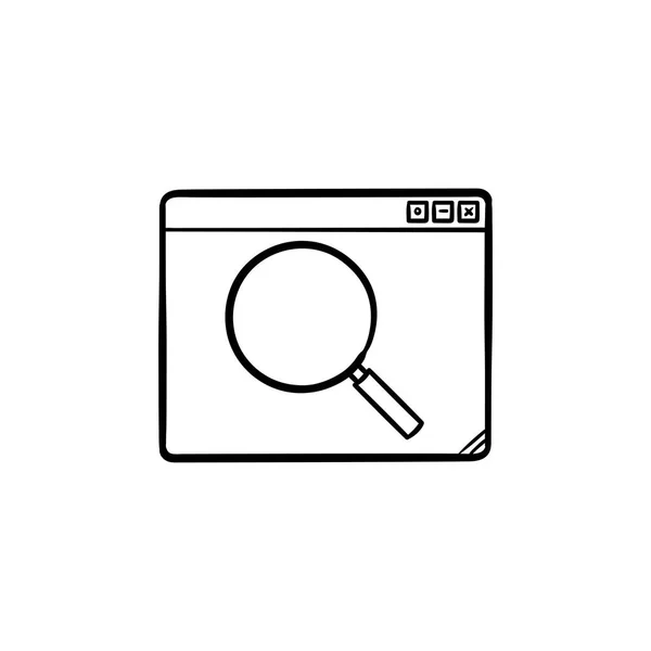 Browser window with magnifying glass hand drawn outline doodle icon. — Stock Vector