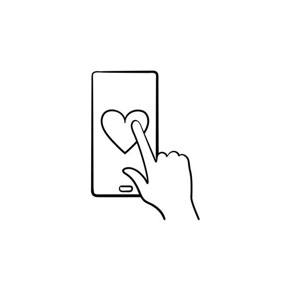 Hand att klicka på hjärtat på smartphone skärmen handikonen dragna konturen doodle. — Stock vektor