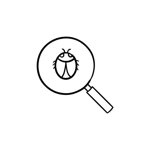 Vergrootglas over bug hand getrokken schets doodle pictogram. — Stockvector