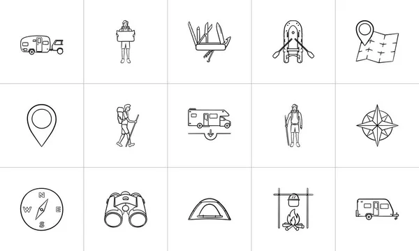 Randonnée pédestre et camping dessin à la main jeu d'icônes doodle . — Image vectorielle
