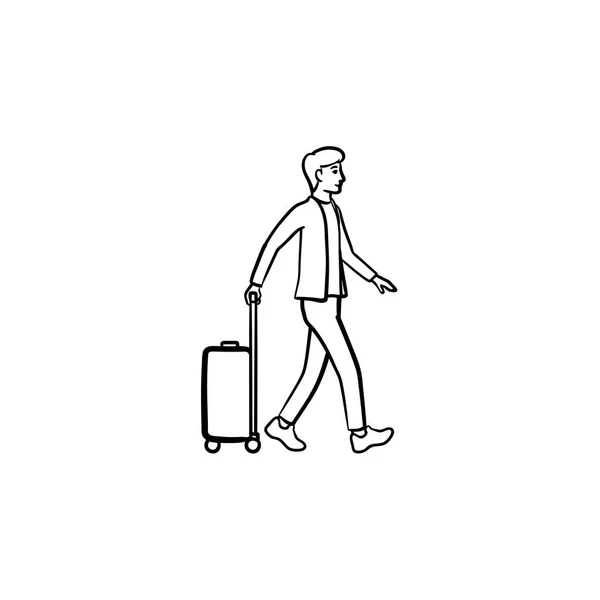 Business traveler walking with suitcase hand drawn outline doodle icon. — Stock Vector