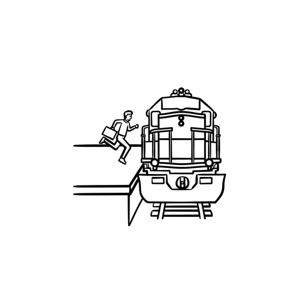 Vasútállomás és az utas lesz a vonat kézzel rajzolt vázlat doodle ikonra. — Stock Vector