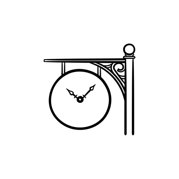 Zeiger der Bahnhofsuhr gezeichnete Umrisse Doodle-Symbol. — Stockvektor
