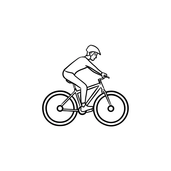 Biker riding mountain bike hand drawn outline doodle icon. — Stock Vector
