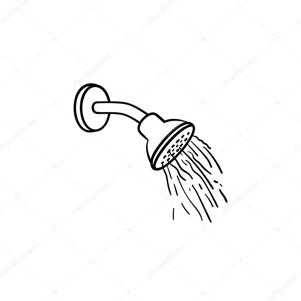 Shower head with water drops hand drawn outline doodle icon.