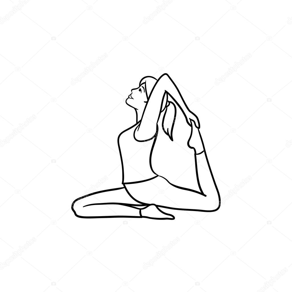 Woman in yoga king pigeon pose hand drawn outline doodle icon