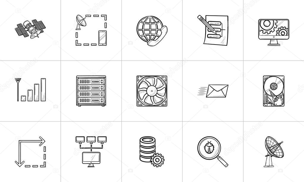 Computer technology hand drawn outline doodle icon set.