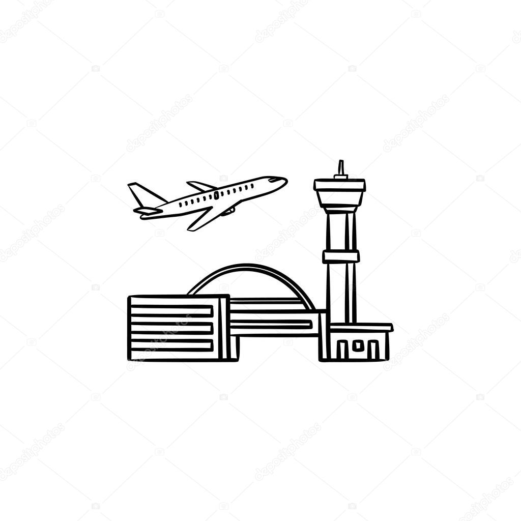 Plane taking off at the airport hand drawn outline doodle icon.