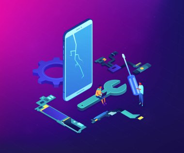 Smartphone onarım kavramı vektör izometrik çizim.