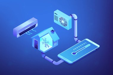 Smartphone ile kontrollü akıllı ev ve klima sistemi. Klima, akıllı soğutma sistemi, Klima üniteleri kavramı. Ultraviyole neon vektör izometrik 3d çizim.