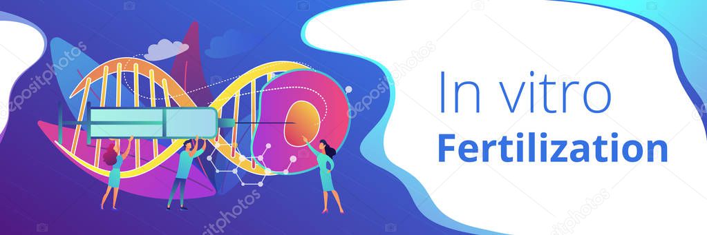 Scientists fertilize huge cell with syringe. Artificial reproduction, in vitro fertilization, artificial propagation concept on white background. Header or footer banner template with copy space.