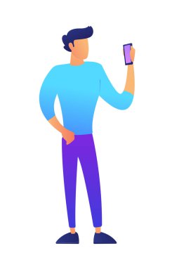 Ayakta ve akıllı telefon vektör çizim kullanarak erkek vlogger.