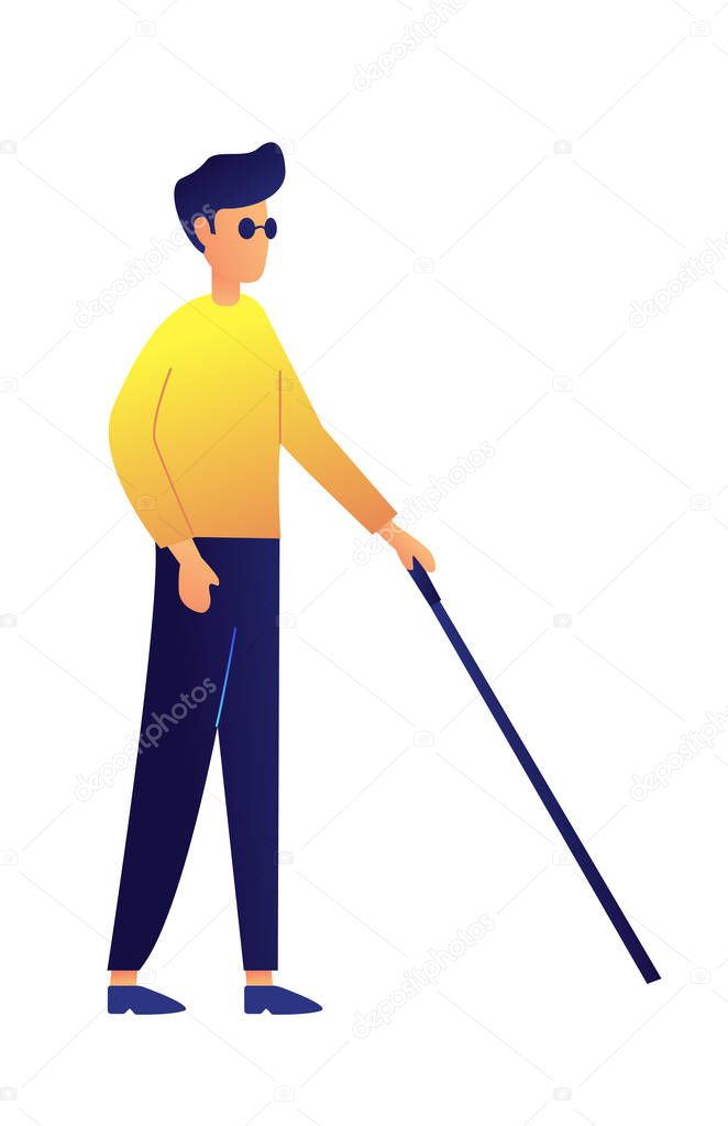 Blind man walking with stick vector illustration.