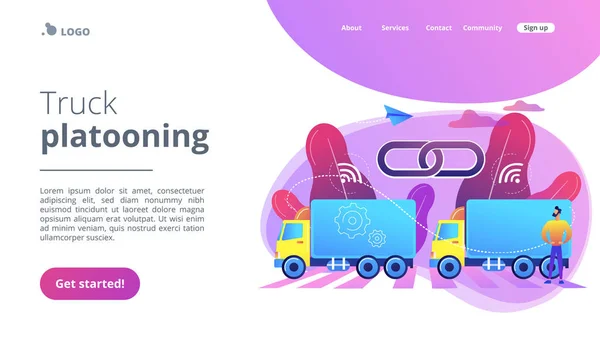 Truck platooning conceito landing page . — Vetor de Stock