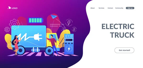 Concepto de camiones eléctricos landing page . — Archivo Imágenes Vectoriales