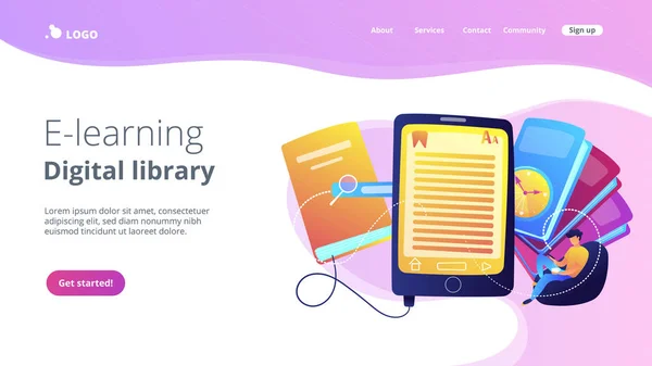 Leitura Usuário Ebook Tablet Livros Biblioteca Digital Pesquisável Educação Line —  Vetores de Stock