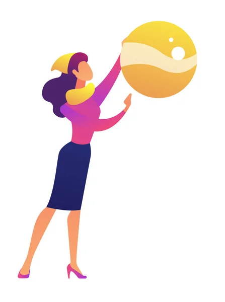 Mujer de negocios sosteniendo gran árbol de Navidad bola vector ilustración . — Vector de stock