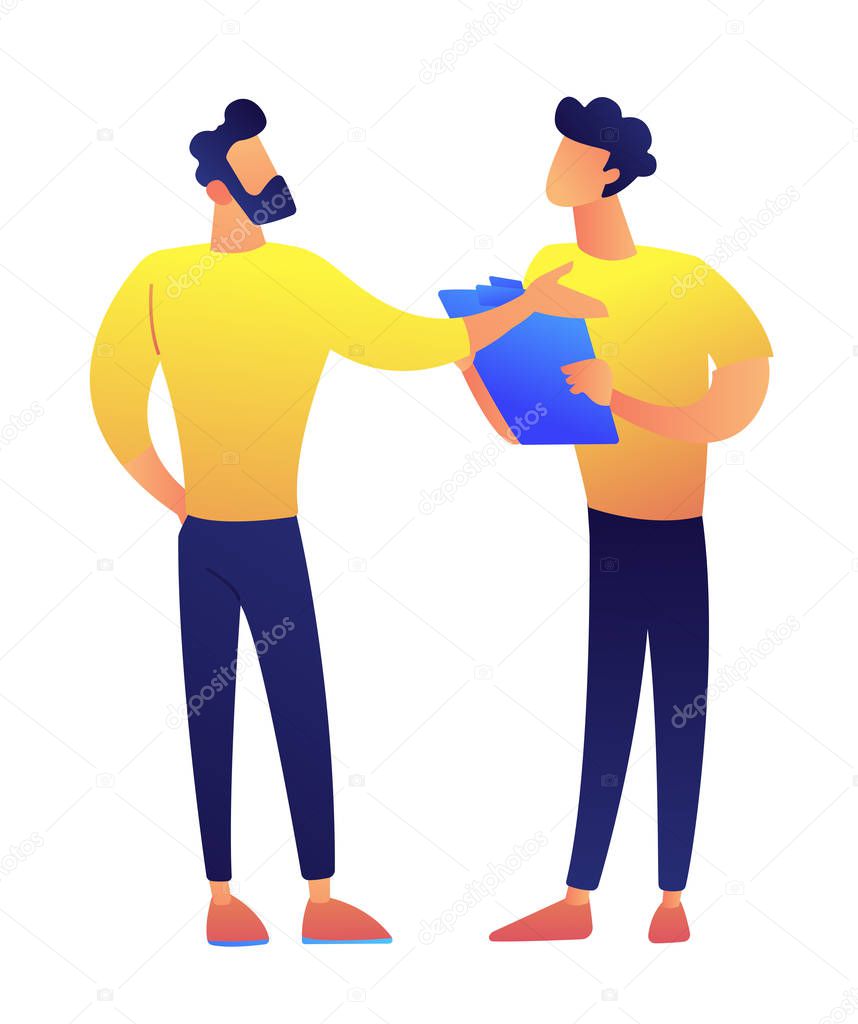Two businessmen standing and discussing vector illustration.
