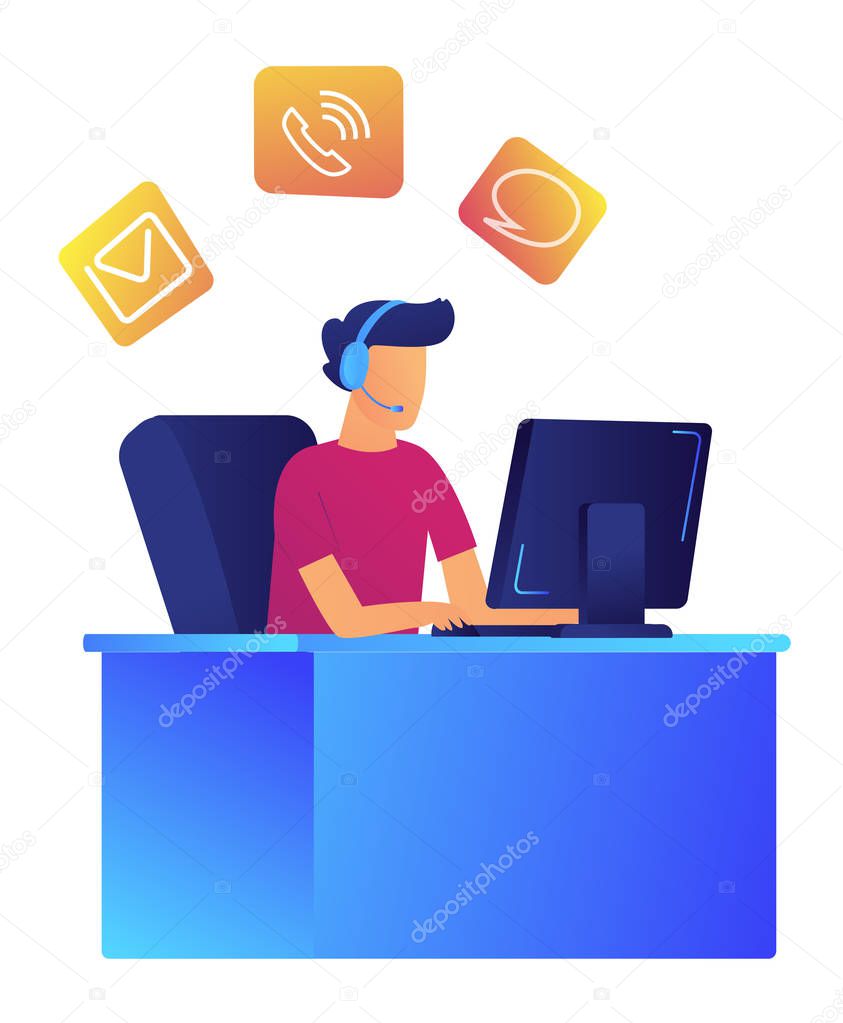 Male operator with headset in customer support center vector illustration.