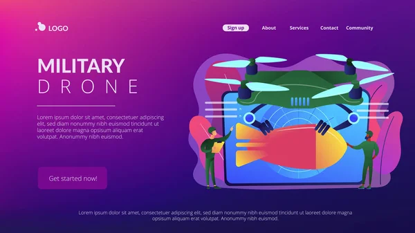 軍用ドローンのコンセプトランディングページ. — ストックベクタ