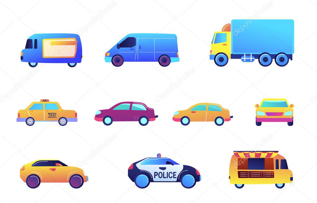 Different cars and delivery vector illustrations set.