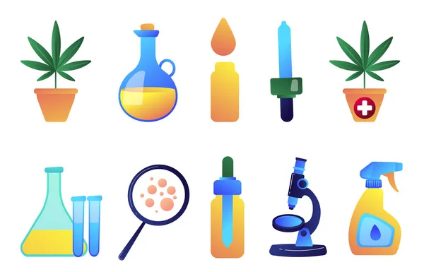 Cannabis medicinal e canabidiol conjunto ilustrações vetor de óleo . —  Vetores de Stock