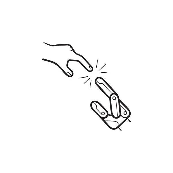 Robot artificial mano tocando mano humana dibujado esbozo garabato icono . — Vector de stock